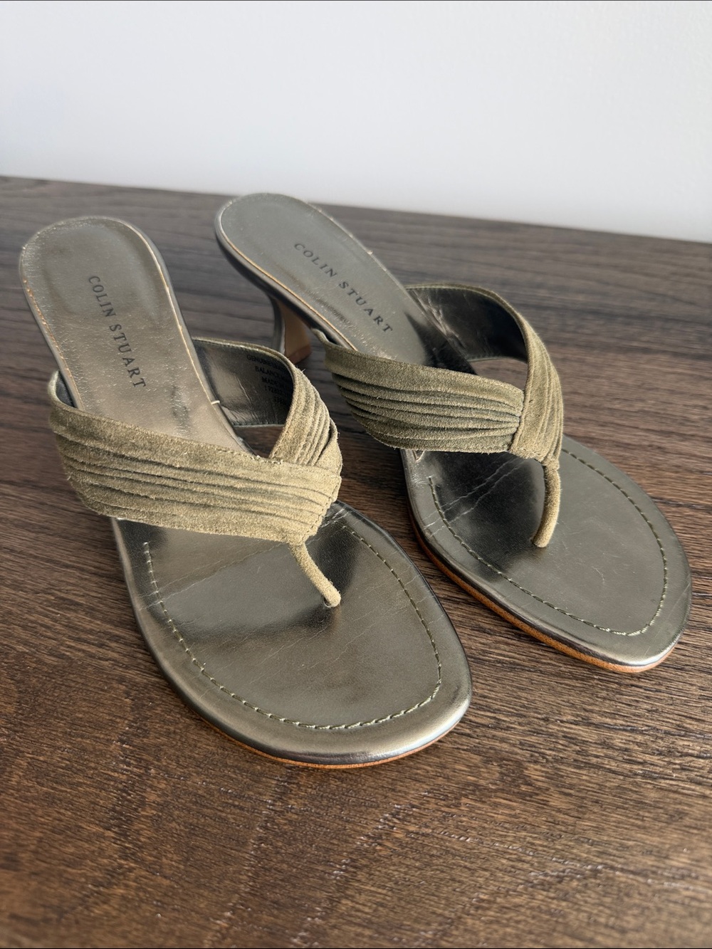 Colin Stuart Olive Suede Knotted Thong Heel Sandals